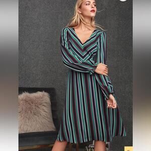 NWT Lulus Eileen Navy Blue Multi Striped Long Sleeve Midi Dress